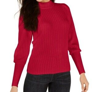 NWT Leyden Ribbed Mock-Neck Pullover Sweater w Puffed Sleeves - Red - L